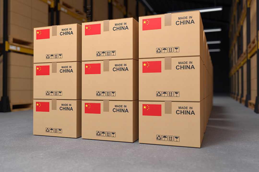 Products made in China, cardboard boxes in the warehouse. 3d illustration
